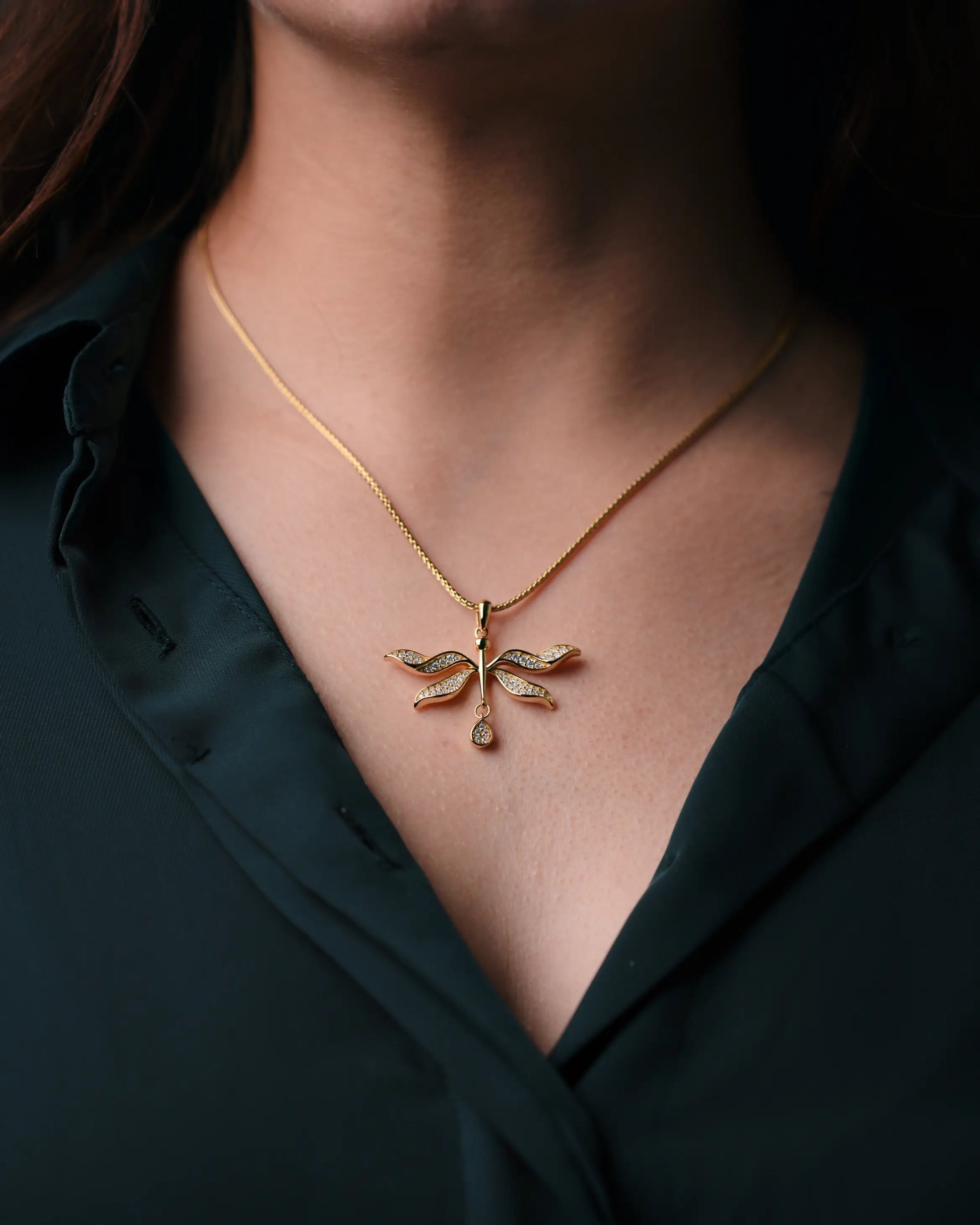Sylea Dragonfly Necklace Worn On Neck Minimal Styling
