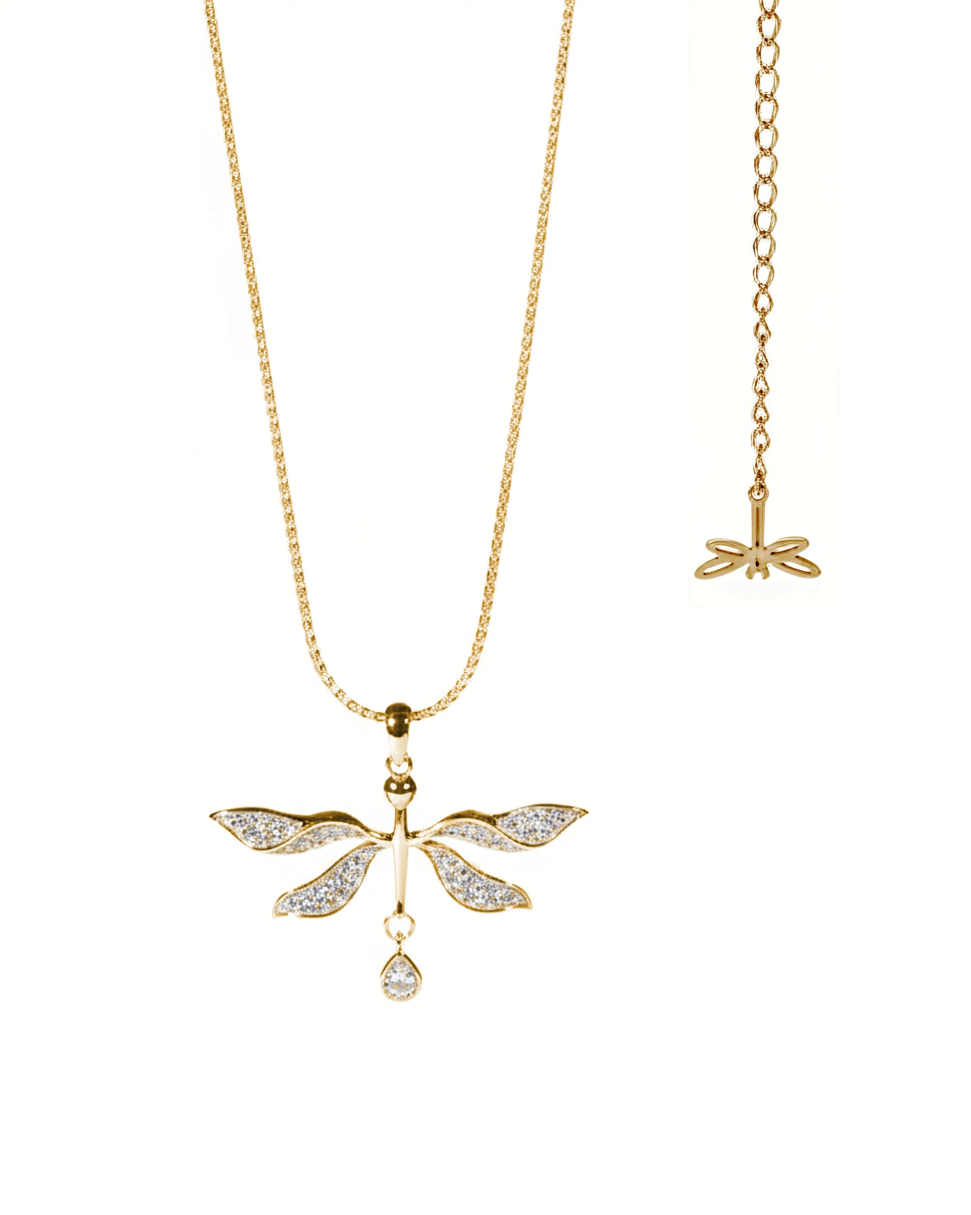 Gold necklace with dragonfly pendant on a white background