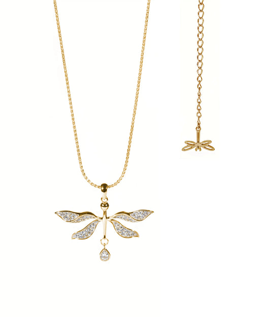 Gold necklace with dragonfly pendant on a white background